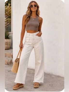 Cream Wide Leg Cropped Jeans | High Waisted Raw Hem Pants | Neutral Minimal Chic